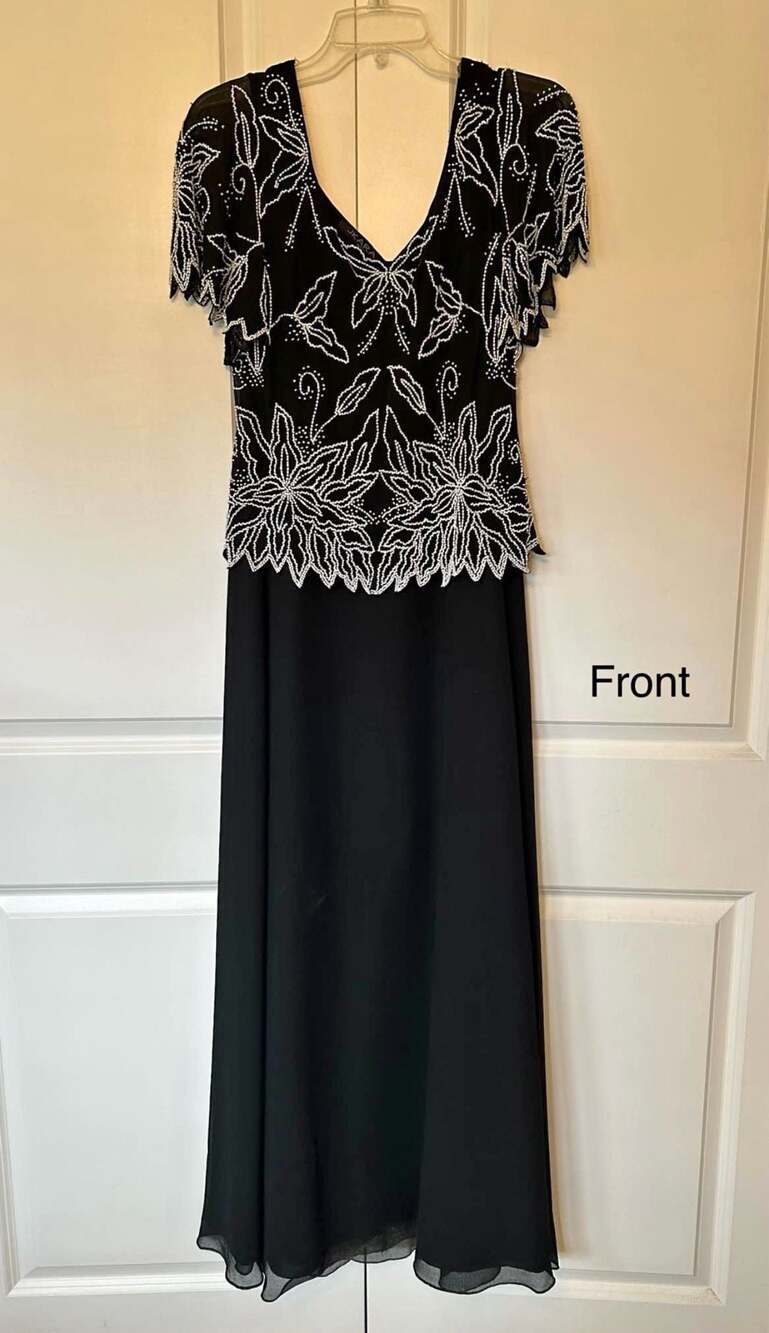 JKARA New York Women's Black Beaded Scallop Pop-Over Maxi Gown Size 8